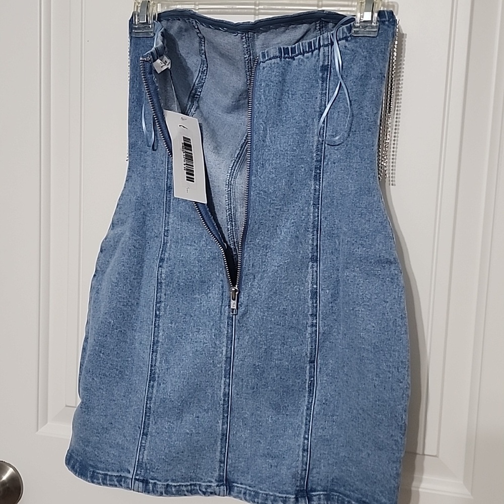 Rylie Denim Strapless Fringe Mini Dress - Picture 7 of 12